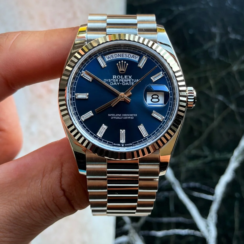 Rolex Day-Date 36 Sunburst Blue Baguette Dial White Gold Presidential 2024