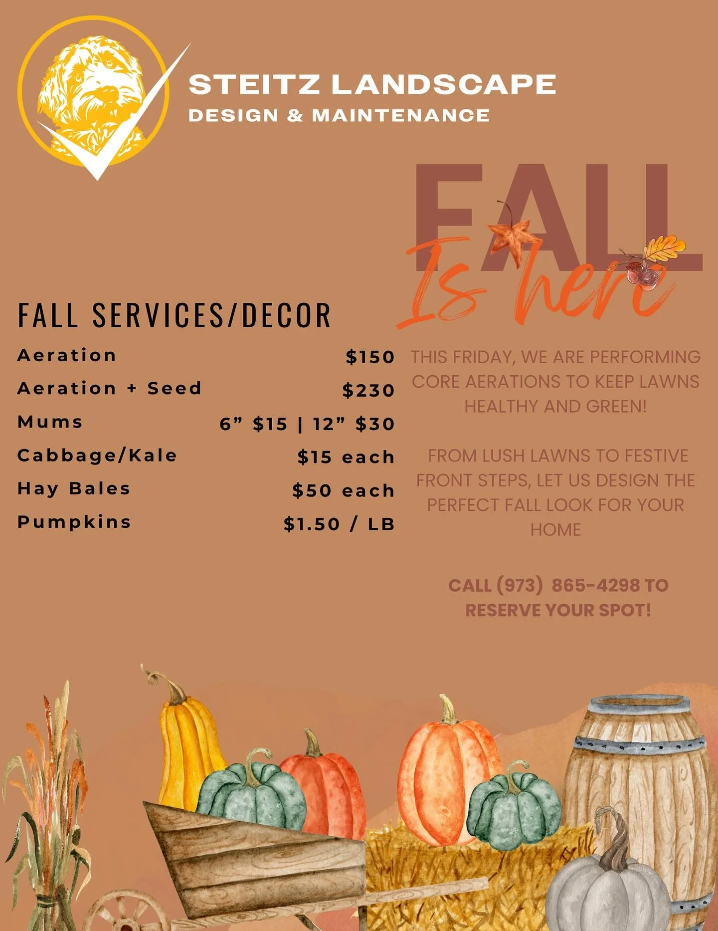 This week we&rsquo;re bringing the best of fall to your home &mdash; aerations, seeding, and seasonal decor 🍁 From thick green grass to festive steps, we&rsquo;ve got you covered! Call 973-865-4298 to book now.