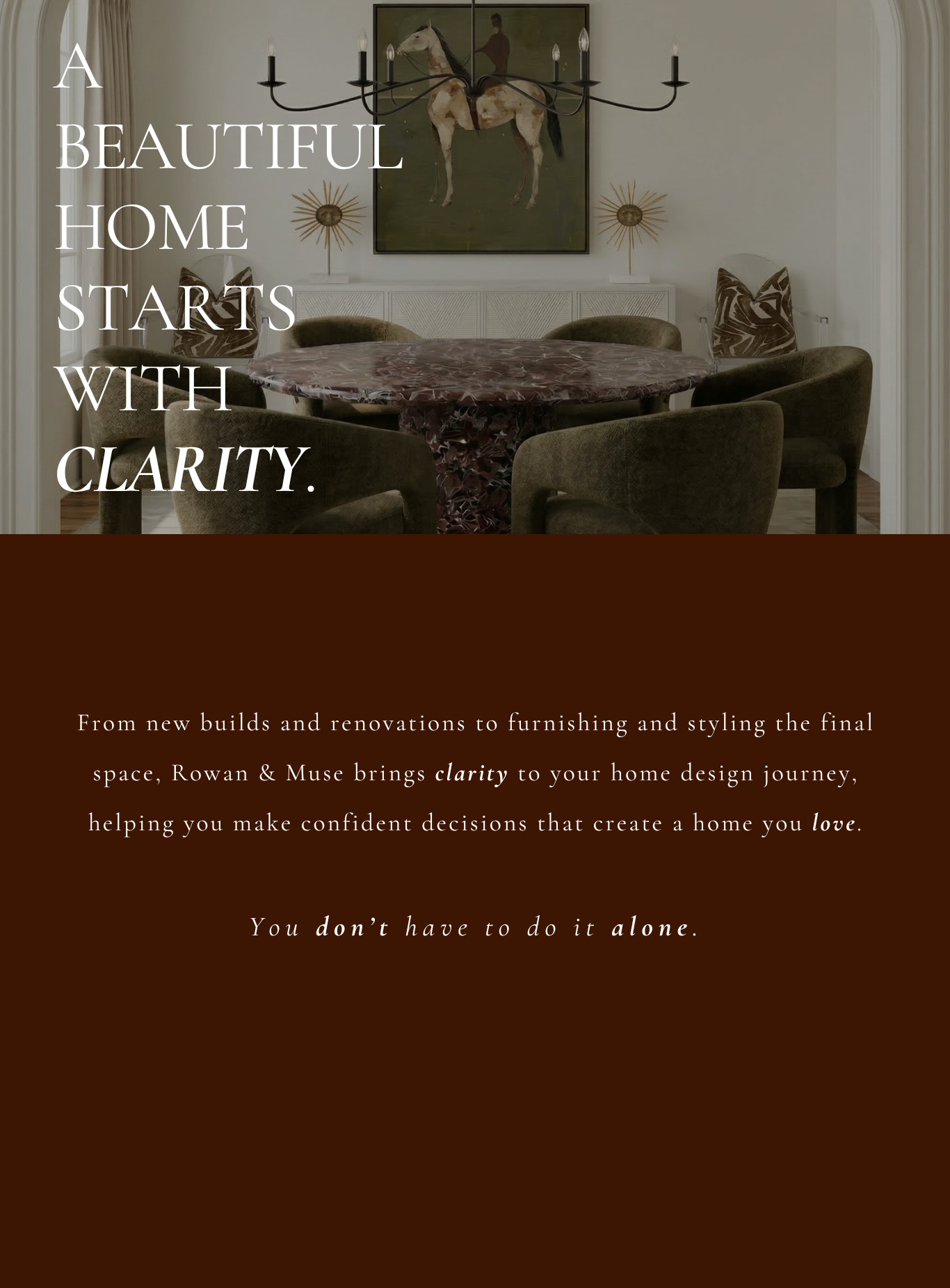 Interior of a dining room with a round marble table, six chairs, a chandelier, and artwork featuring a horse and a person. Text overlay promoting home design clarity and support.
