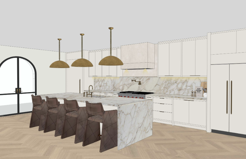 Modern kitchen with white cabinets, marble countertop and backsplash, an island with barstools, hanging pendant lights, and a black arched door.