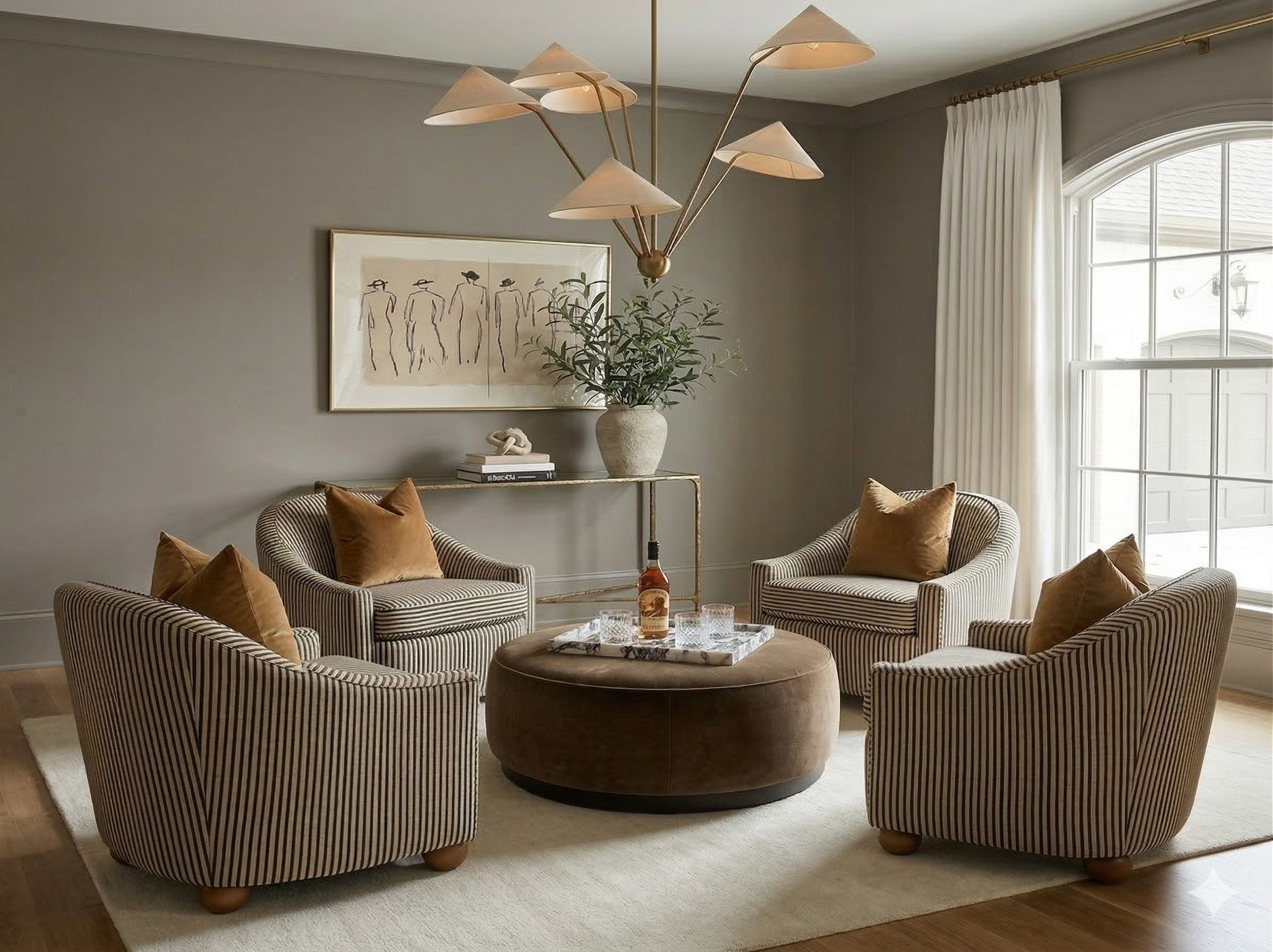 Living room with striped armchairs, a marble-topped coffee table with a bottle and glasses, a console table with a plant and framed artwork, and a large window with curtains, modern chandelier lighting