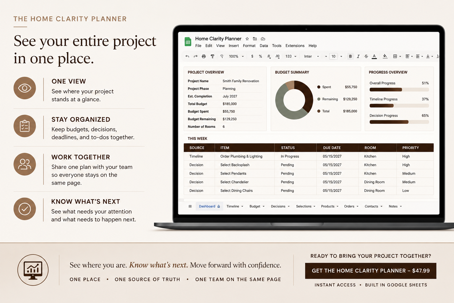 An advertisement for The Home Clarity Planner showing a laptop displaying a project management spreadsheet and text summaries on the left side describing features like project overview, budget summary, progress, and weekly tasks.