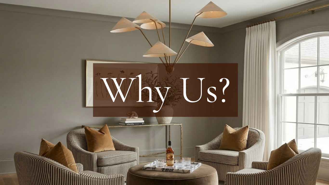 A cozy living room with a large window, striped armchairs with pillows, a round ottoman with drinks, and a modern chandelier, with the text 'Why Us?' overlaid.