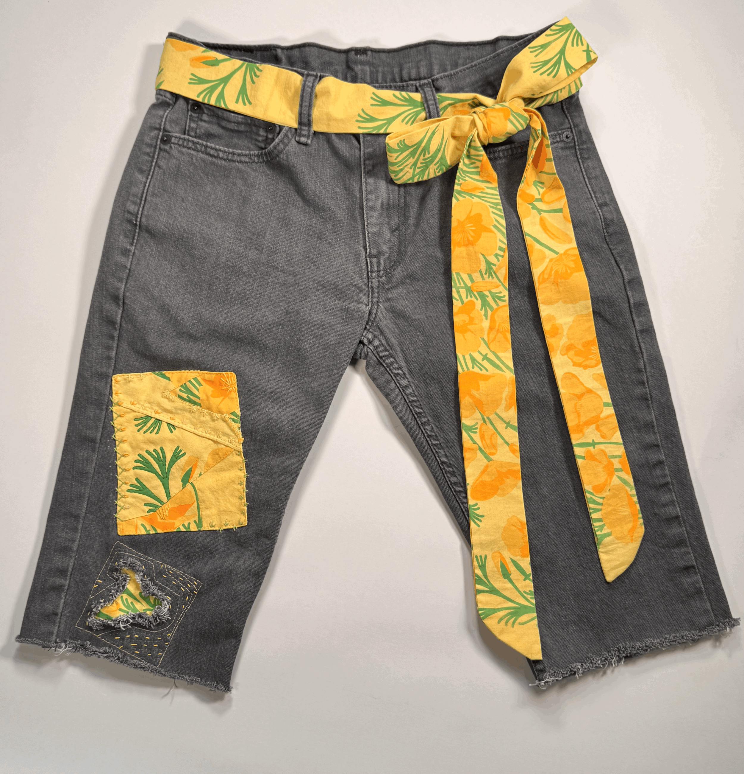 "Poppy Patch" Low-Rise Up-cycled Gray Vintage LEVI Denim Cut-Off Shorts