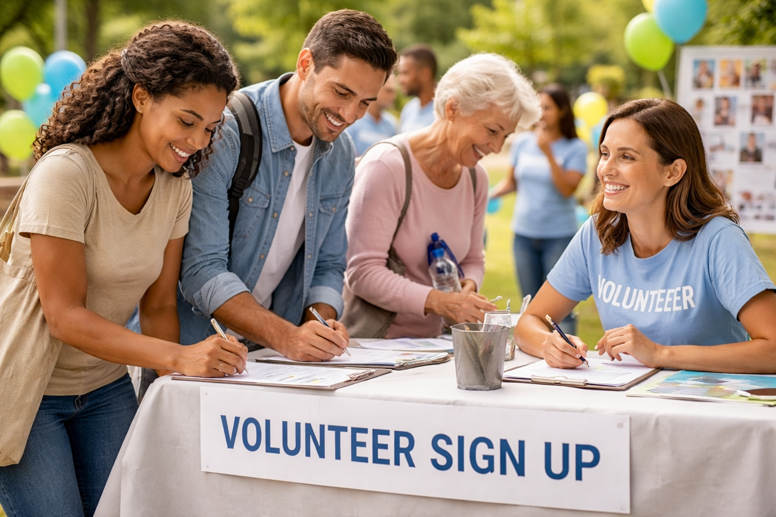 People signing up for volunteer work at a community event outdoors, with a table labeled 'Volunteer Sign Up' and a volunteer wearing a shirt that says 'Volunteer'.