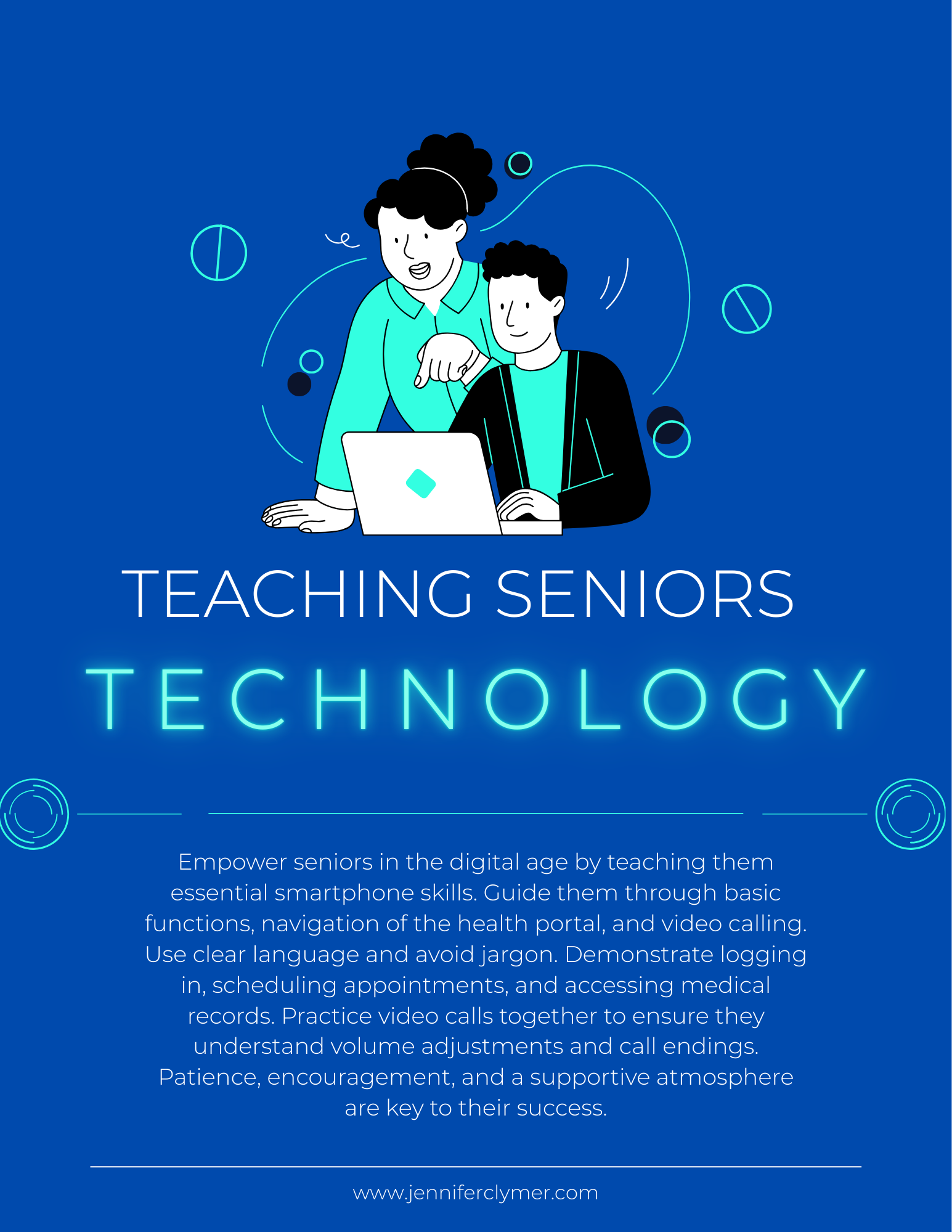 Digital illustration promoting teaching seniors technology, featuring a woman and a young man using a laptop with text about empowering seniors with smartphone skills.