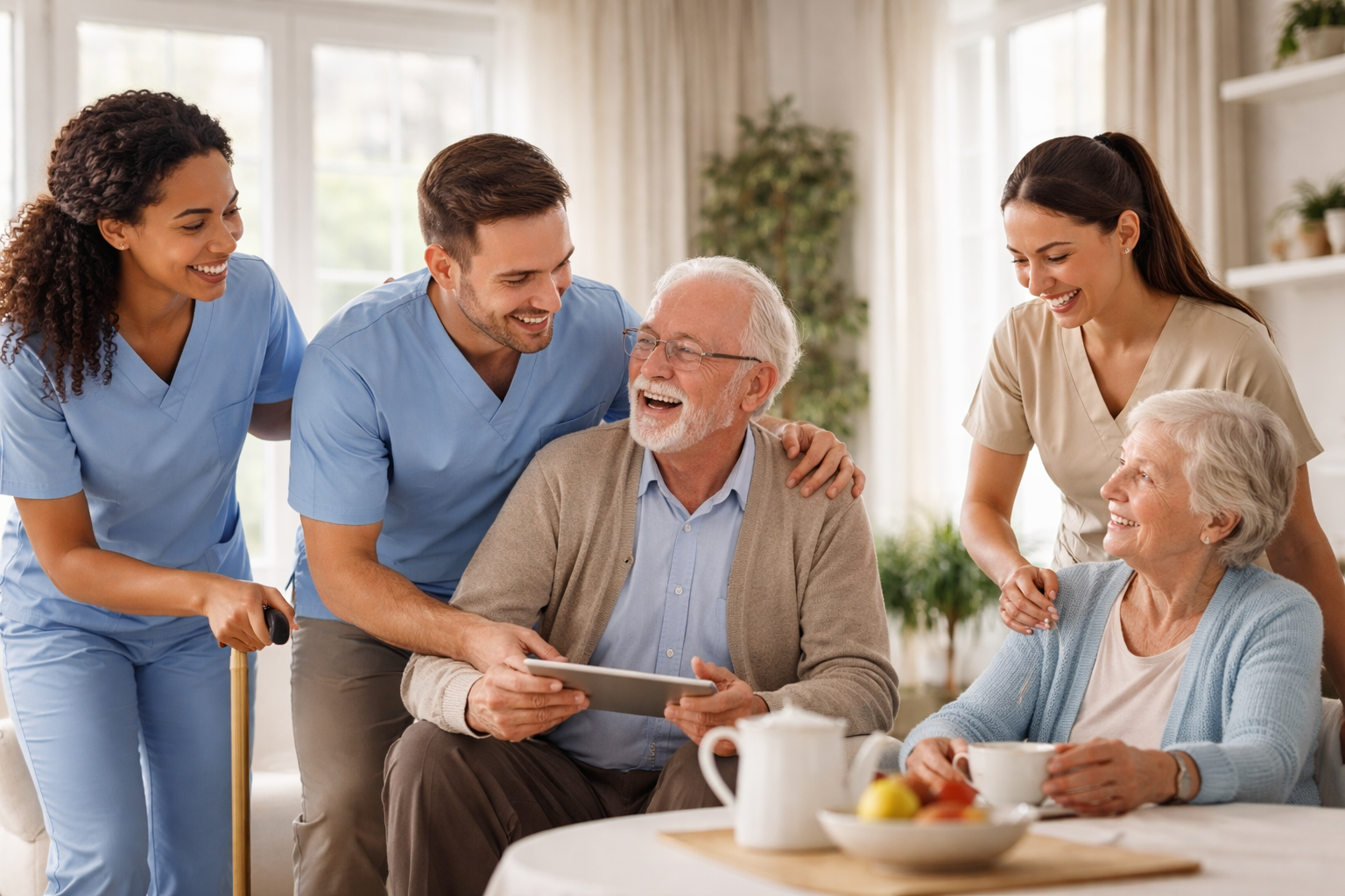 Group of caregivers and elderly individuals sharing a joyful moment indoors, with one elderly woman sitting at a table and other people warmly interacting around her.