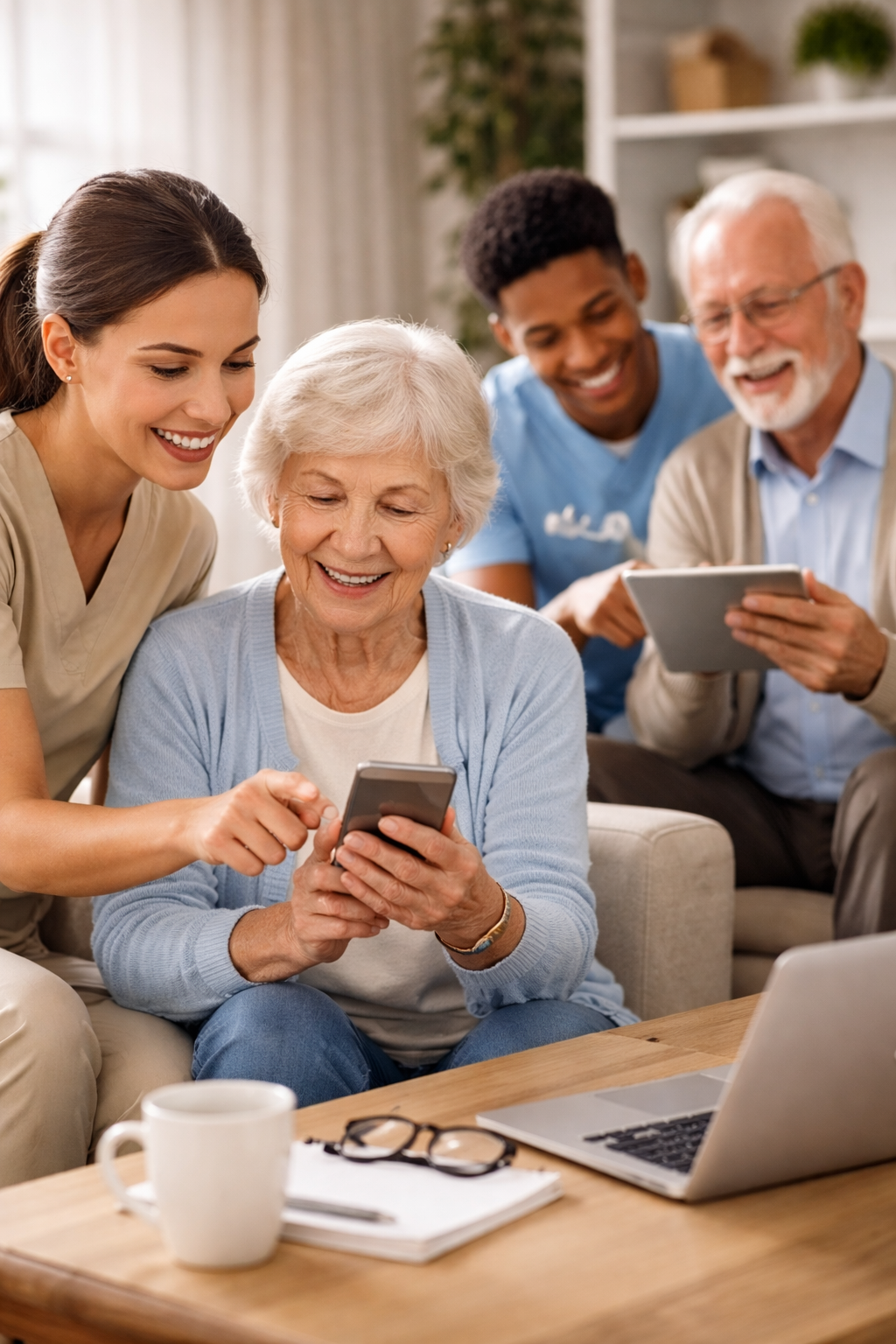 Four people, including an elderly woman, gather around a smartphone in a cozy living room, smiling and looking at the phone. A laptop, notebook, and coffee mug sit on the table nearby.