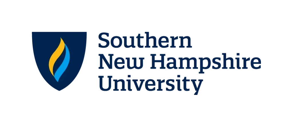 Southern New Hampshire University logo with blue shield and yellow and blue flame symbol.