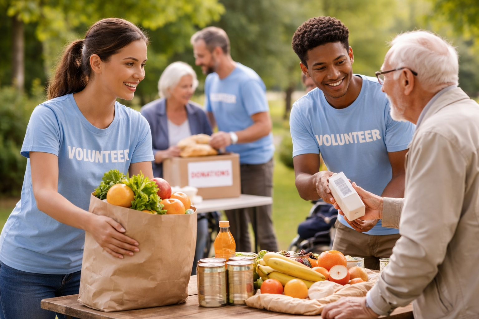 Volunteers handing food supplies at a charity event in a park.