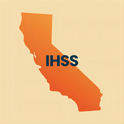 Outline of California state map with the text IHSS in bold blue letters.