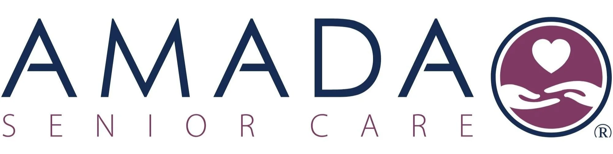 Logo for Amada Senior Care with blue and purple colors, featuring a heart and hands symbol.