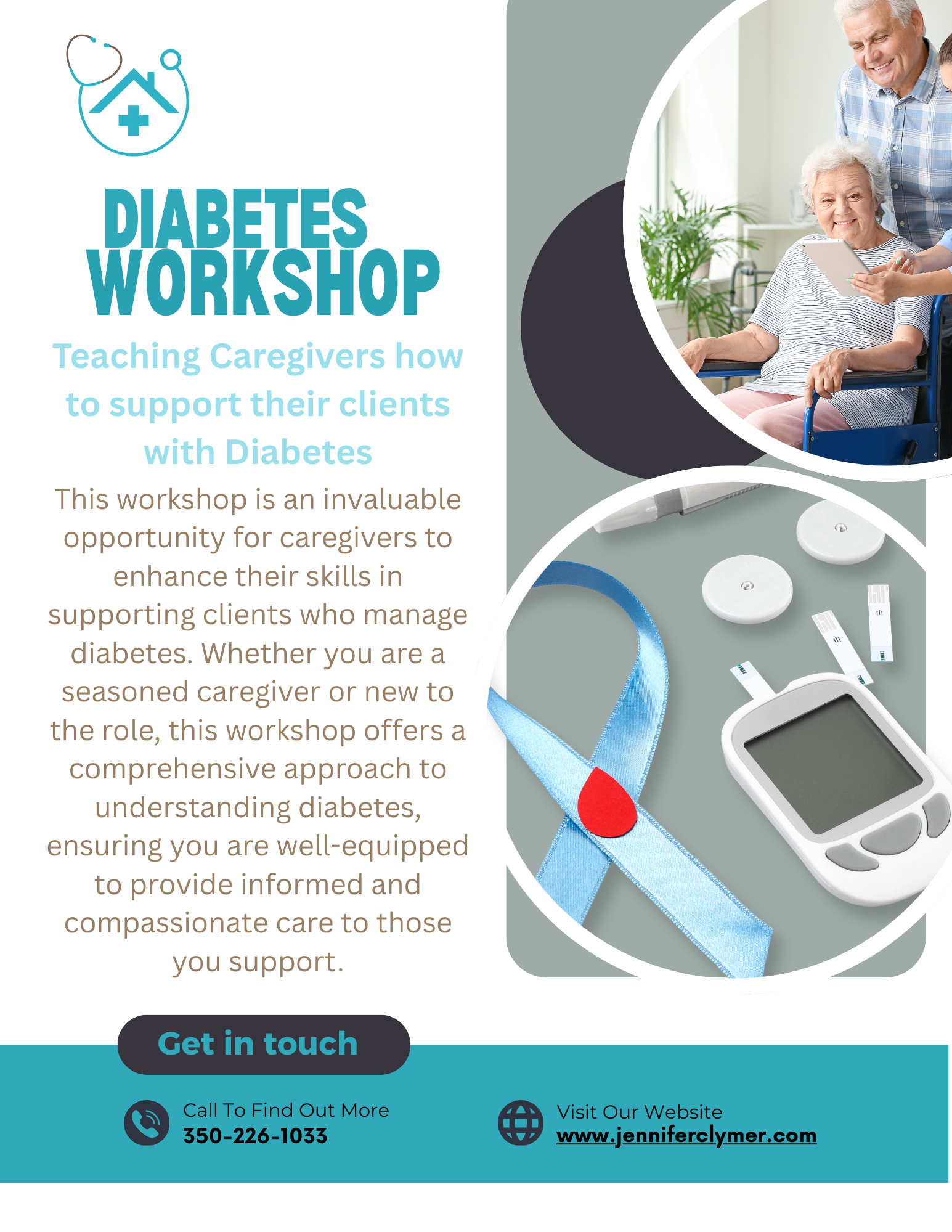 Flyer for a Diabetes Workshop with images of a blood glucose monitor, insulin pens, and a caregiver with an elderly woman in a wheelchair.