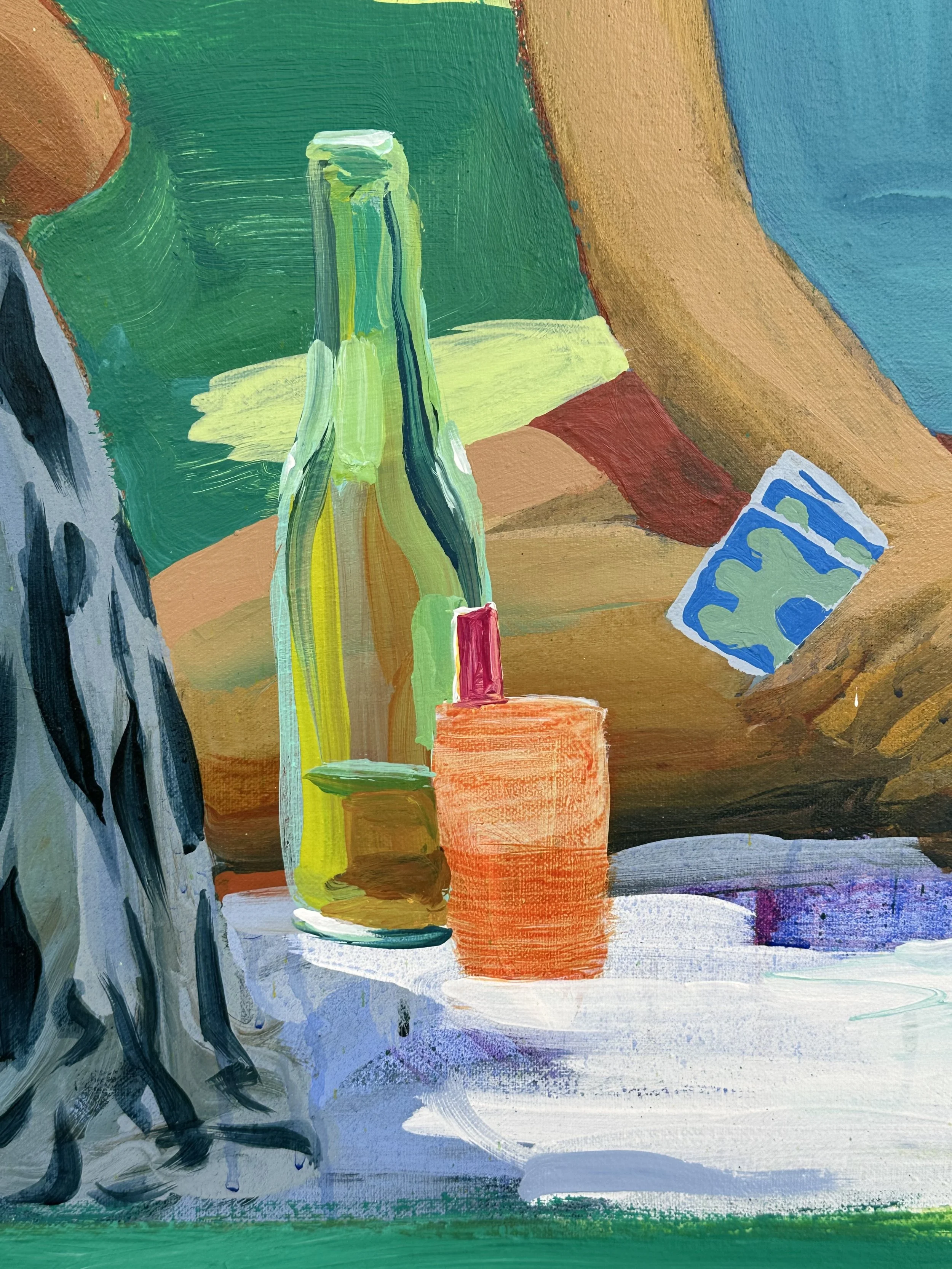 A colorful still life painting featuring a green glass bottle, orange lipstick, and a blue and white patterned box on a table with a white cloth, against a background of various colored geometric shapes.