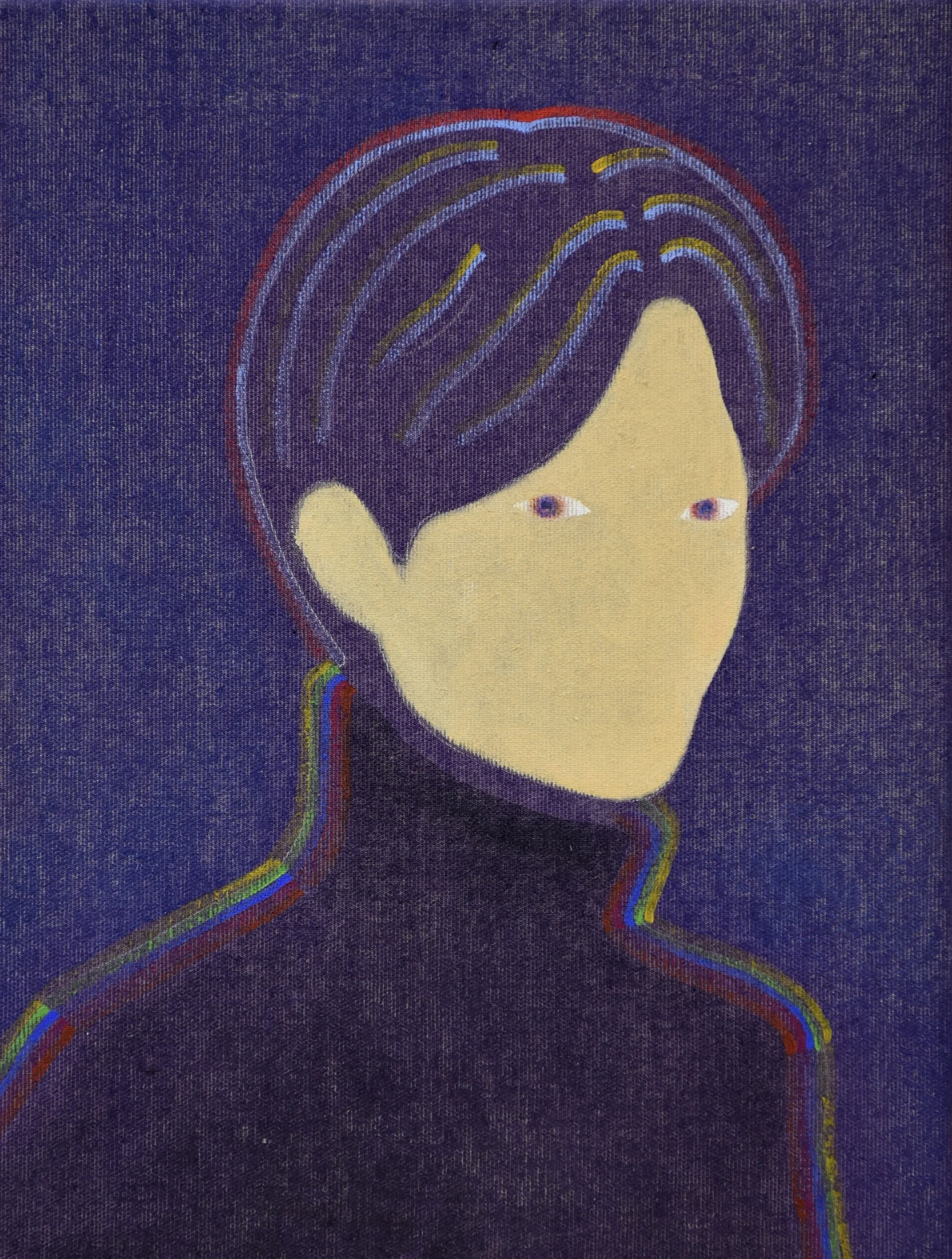 Digital artwork of a person with an oval face, short hair, and a high-collared top. The face has no visible nose or mouth, and the eyes are small with a realistic detail. The background and hair are dark, with contrasting rainbow-colored lines outlining the face, hair, and shoulders, creating an abstract, stylized portrait.