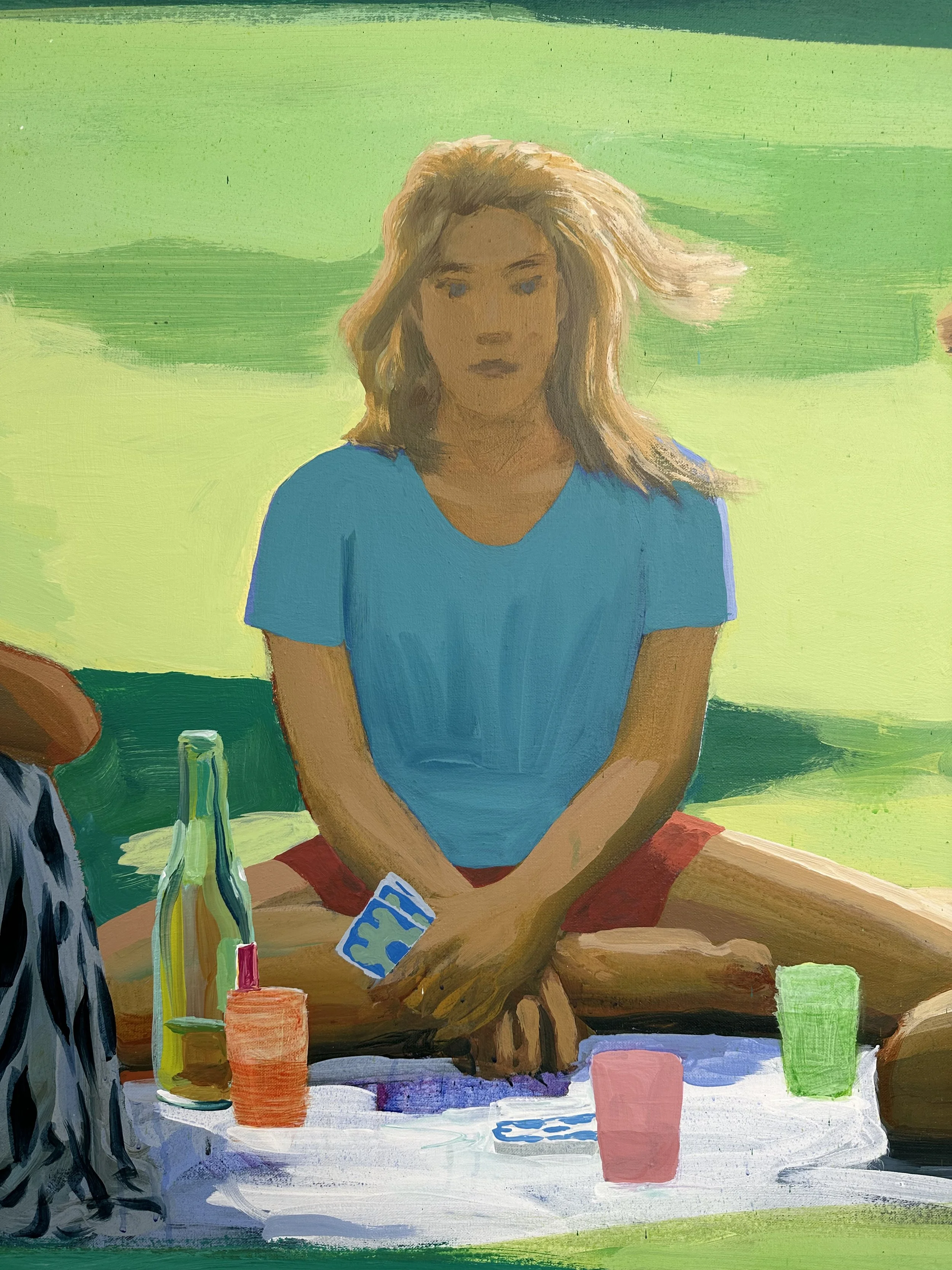 A painting of a young woman with blonde hair sitting on grass with a green background, holding playing cards, surrounded by drink glasses and bottles.