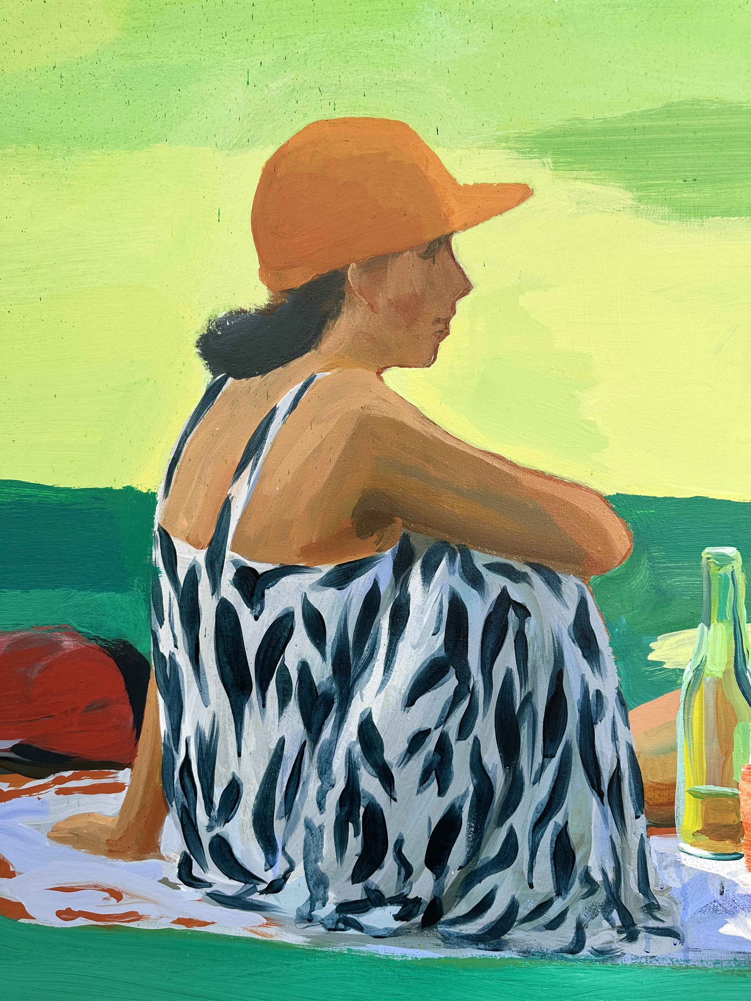A painting of a woman sitting on a blanket at the beach, wearing a wide-brimmed orange hat and a black-and-white patterned dress. Bottles are on the blanket nearby.