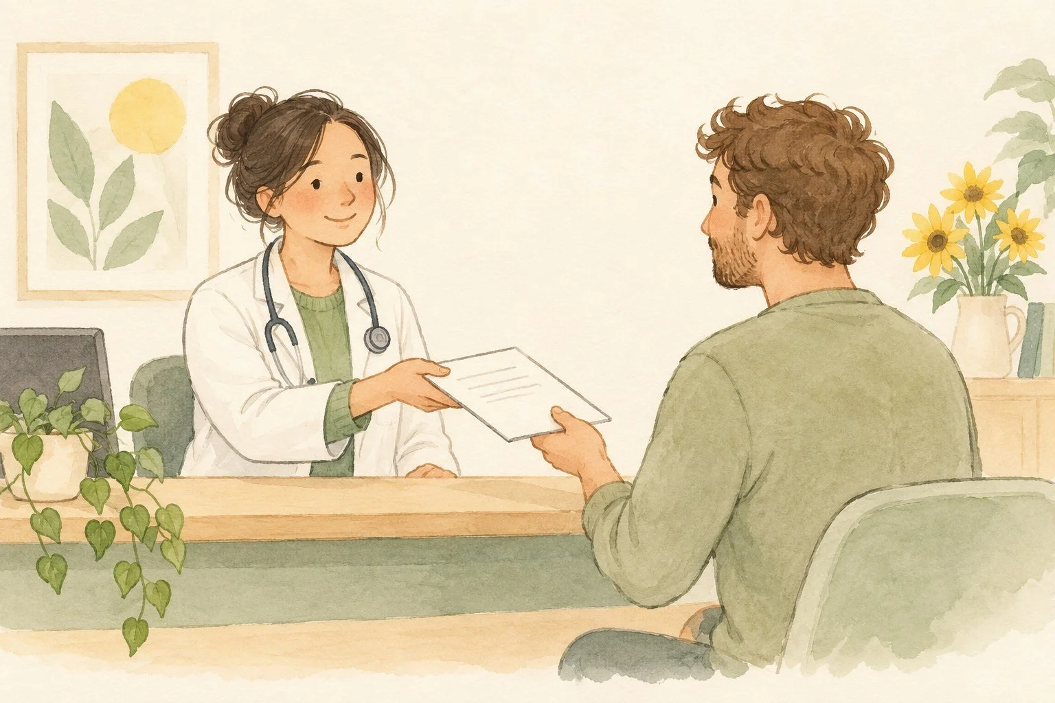 Watercolour sketch of a GP handing a referral to a patient.