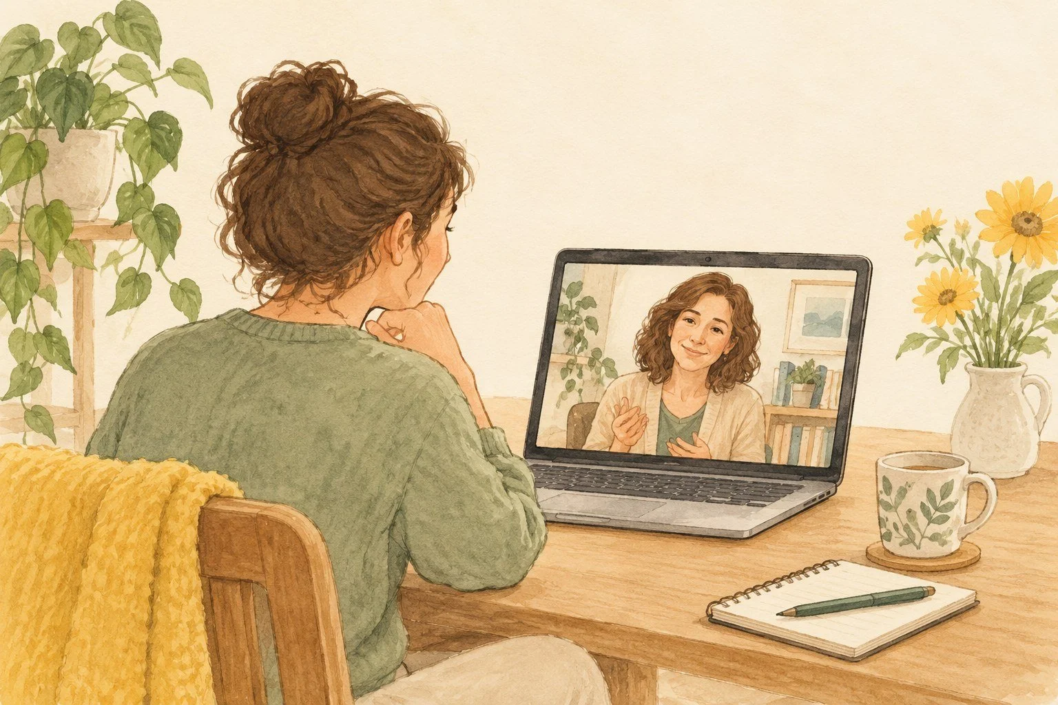 Watercolour sketch of a person attending online therapy.