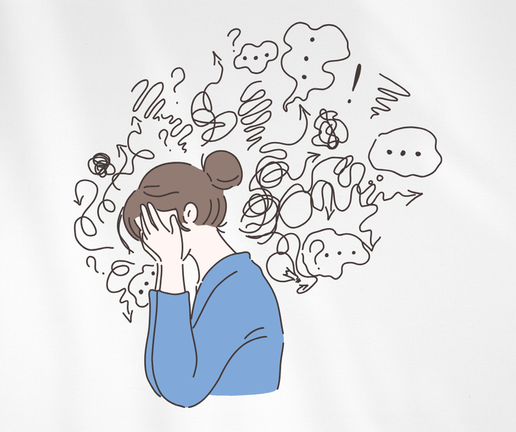 Illustration of a person experiencing many overlapping thoughts
