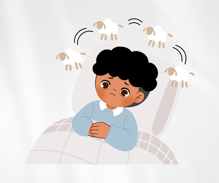 Illustration of a person awake in bed and struggling to sleep