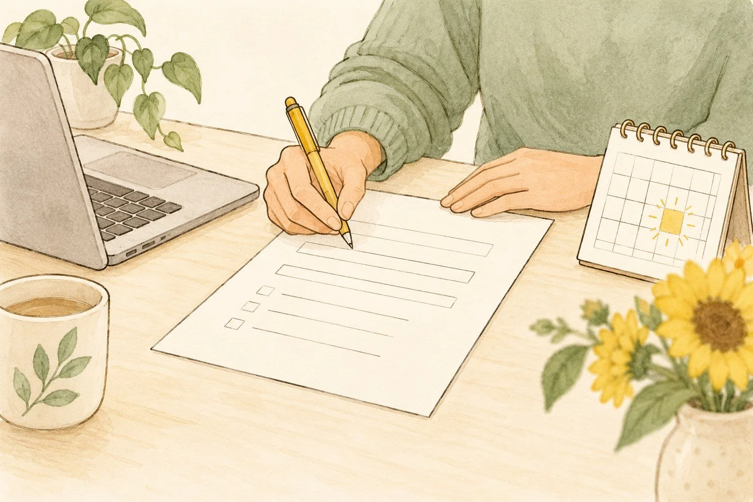 Watercolour sketch of documents beside a laptop.