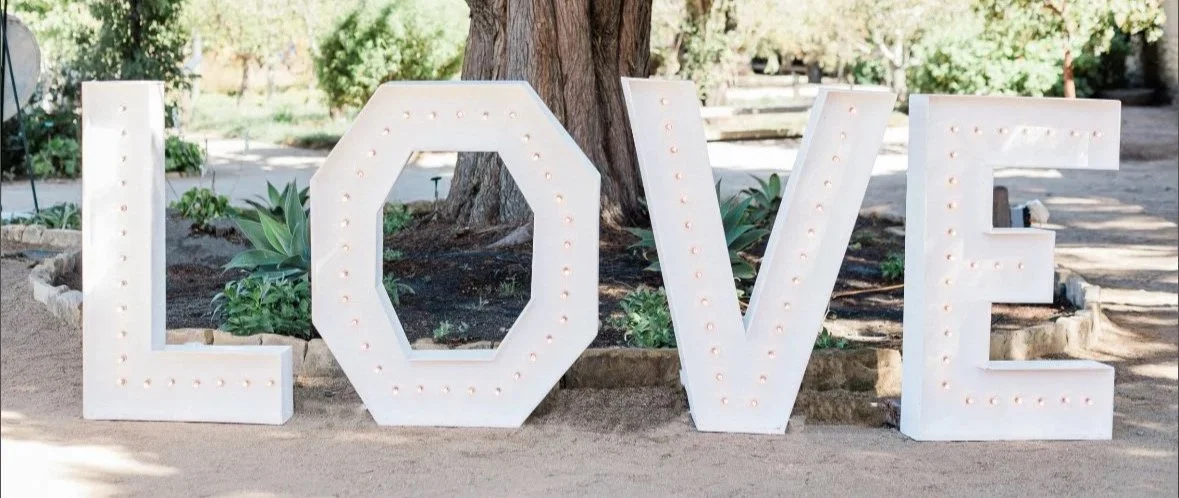 Large white decorative letters spelling 'LOVE' with small lights inside, placed outdoors near a tree and plants.