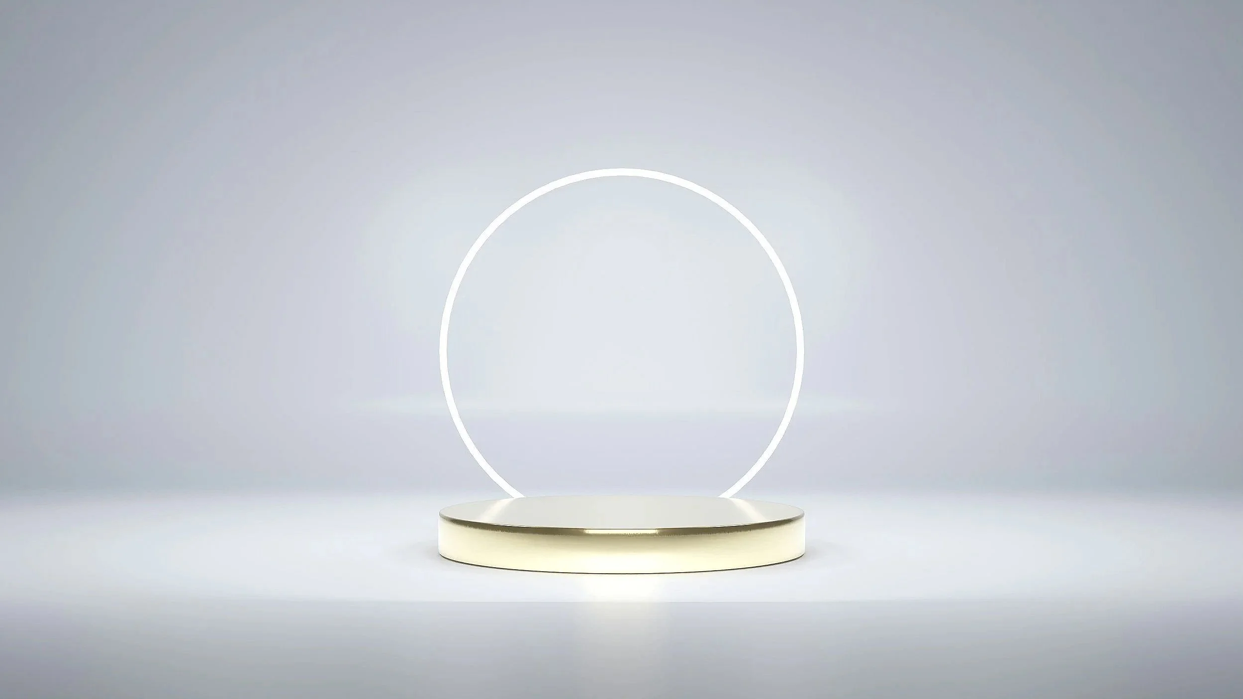 Minimalist display stand with a circular frame behind, set against a plain light gray background.