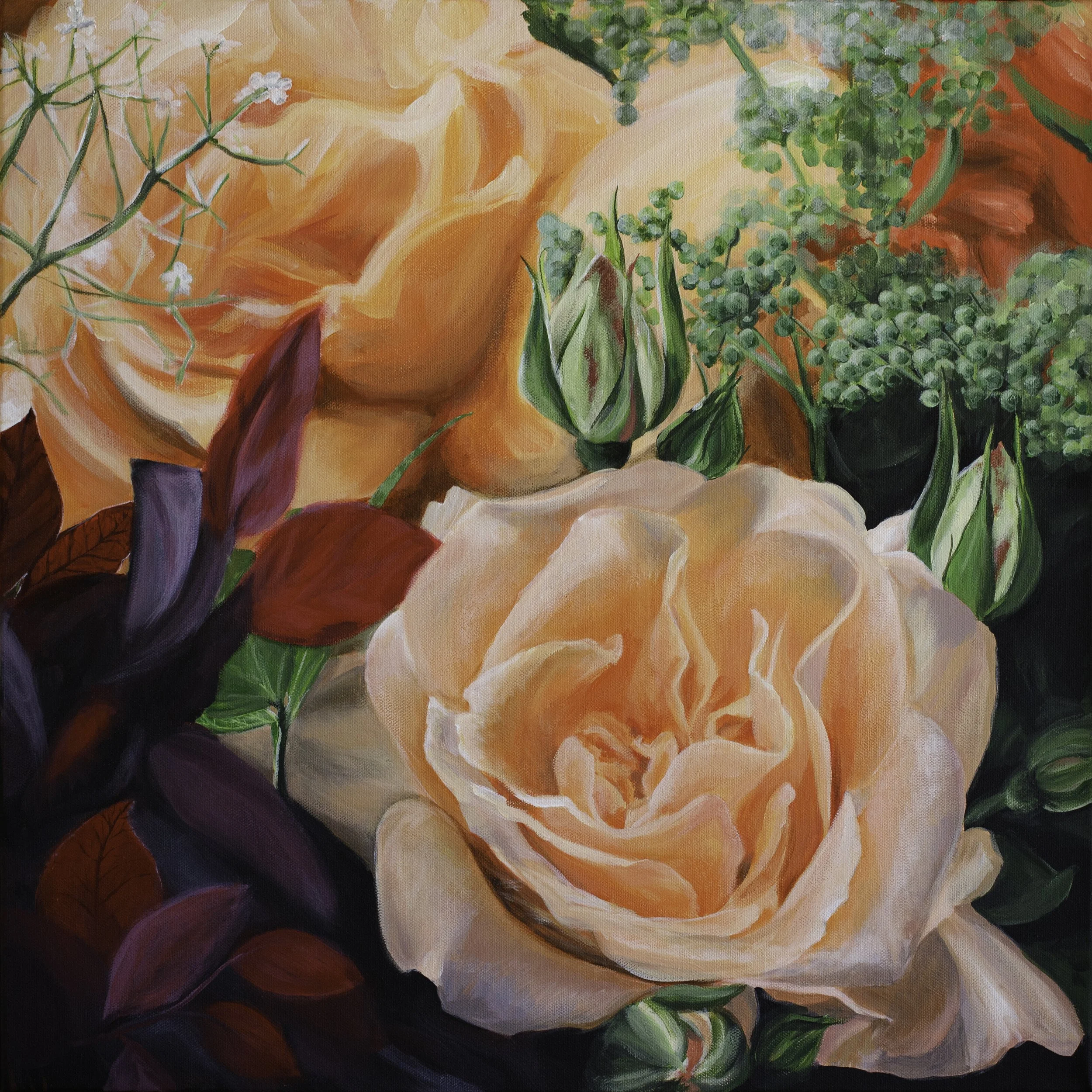 A vibrant painting of various flowers, including large peach-colored roses, green buds, and dark red and purple foliage, depicted with detailed brushwork and rich colors.