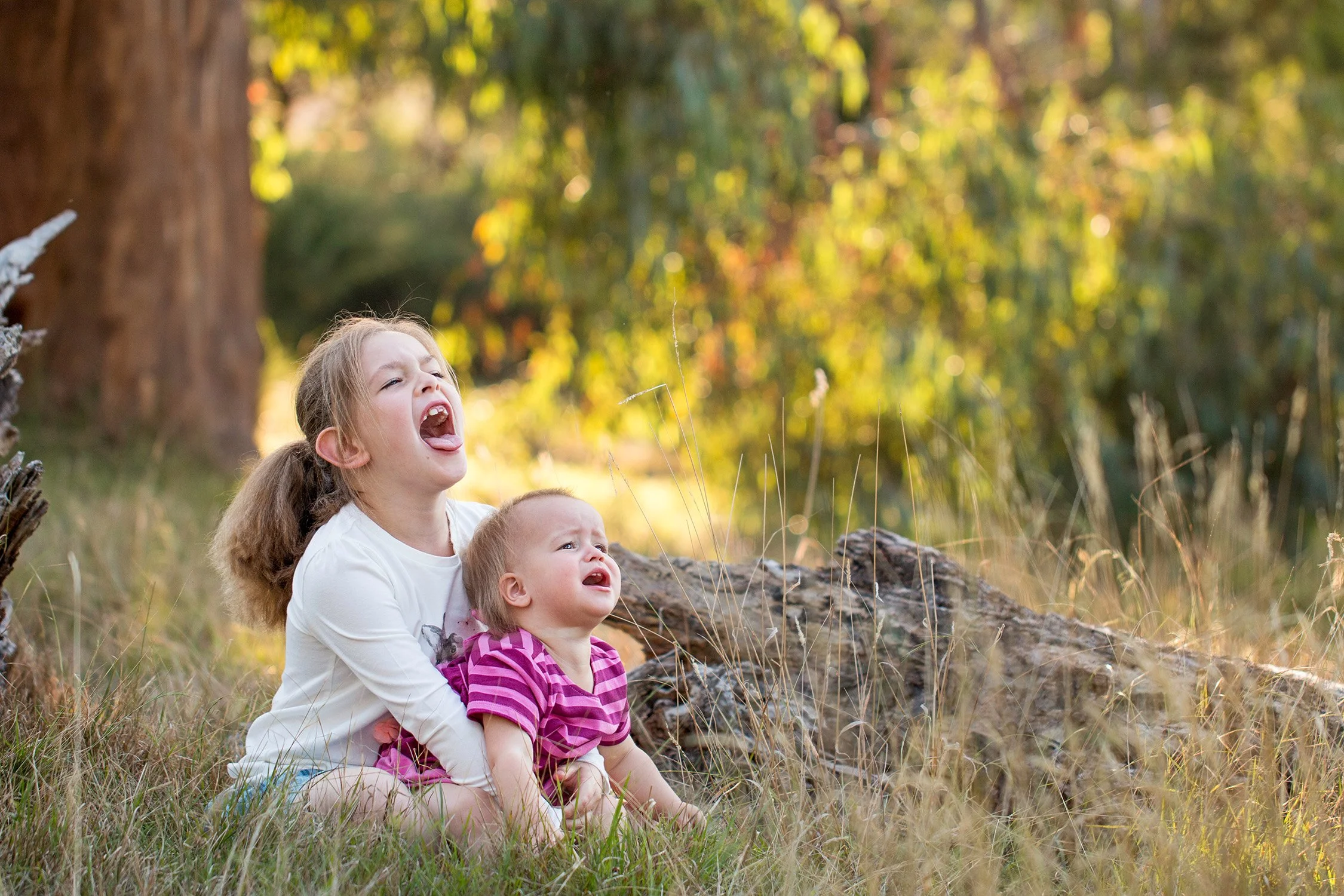 Two young girls sitting on the grass in a forested area, appearing to scream or shout, with a fallen log and tall trees in the background.