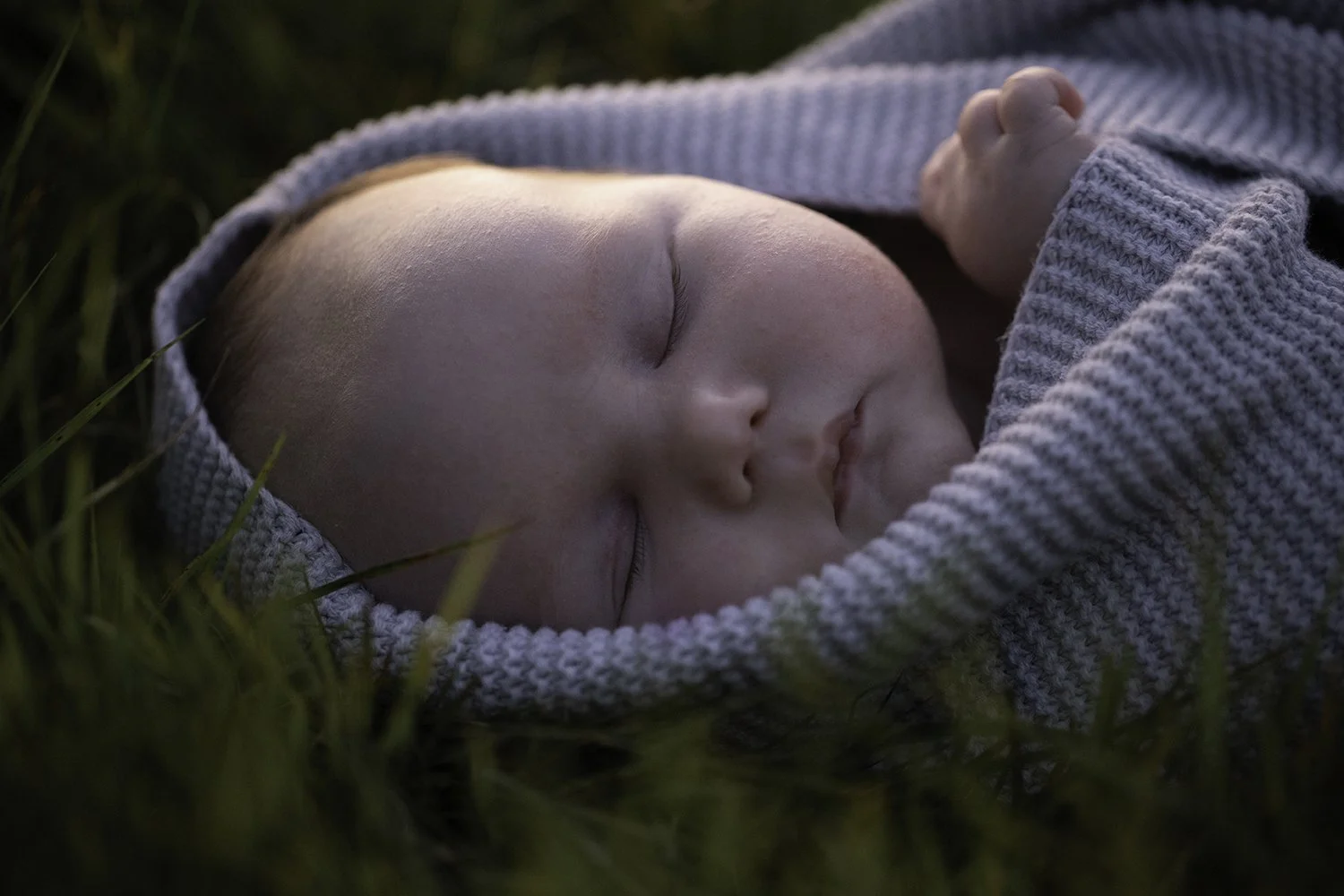 Close-up of a sleeping baby lying on grass, wrapped in a gray knit blanket with sunlight on the face.