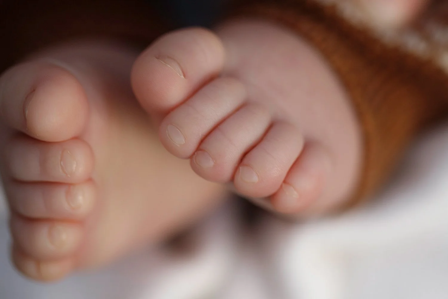 Close-up of a baby's tiny hand gripping an adult's finger.