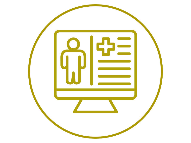 Icon of a computer screen displaying a medical or health profile with a human figure and a medical cross
