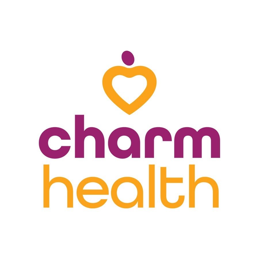 Charm Health logo featuring a stylized heart above the words "charm health" in purple and orange text.