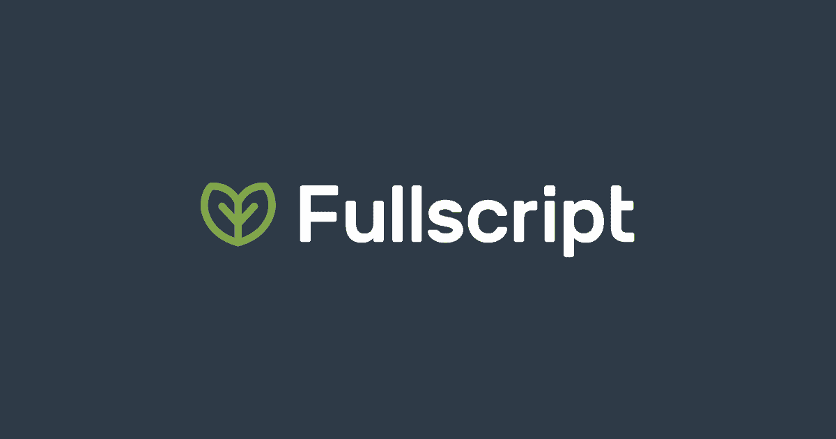 Fullscript logo with green leaf icon on dark background.