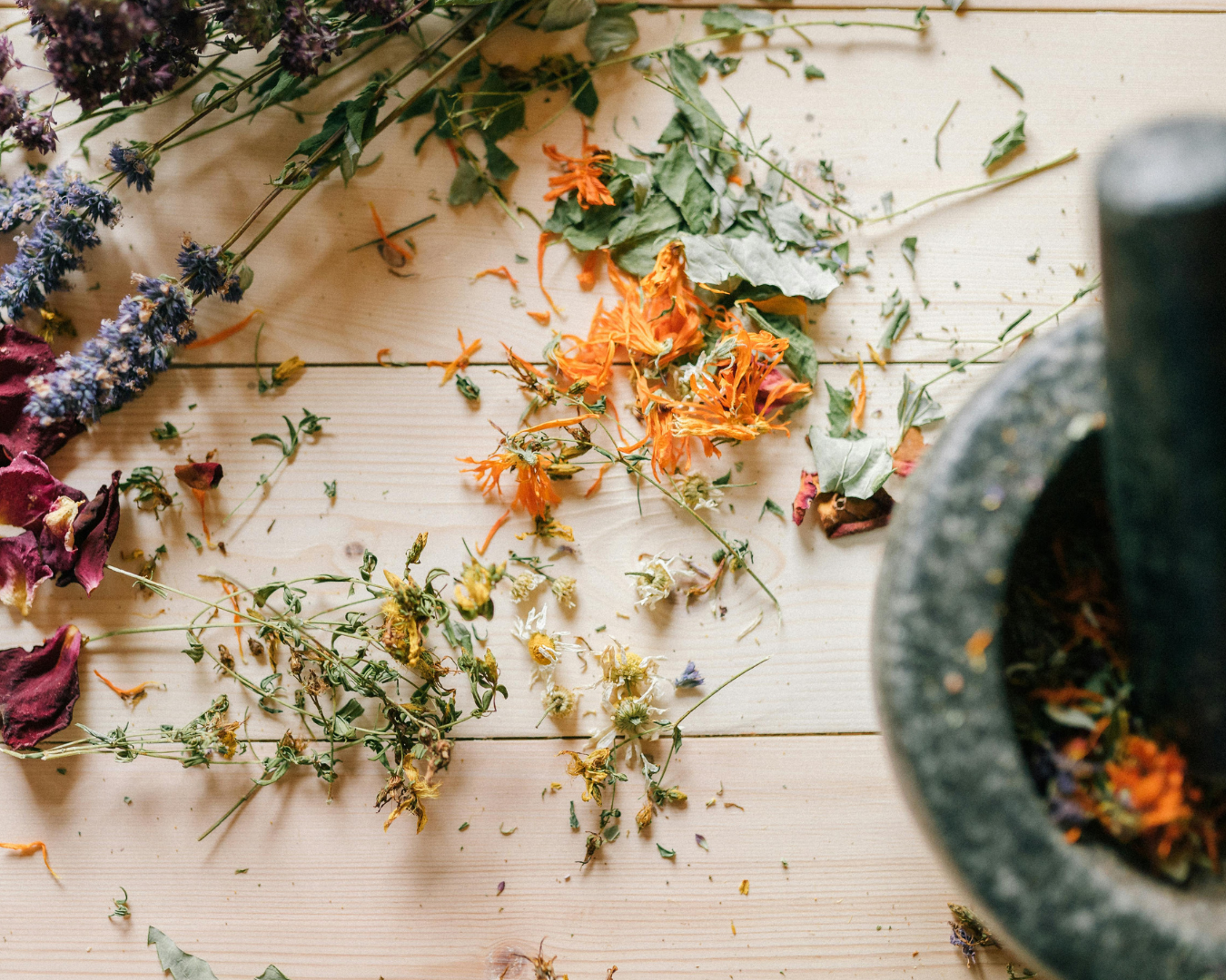 Driedflowers and plant stems scattered on a wooden table with a stone mortar partially visible on the right side.