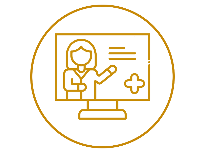 Icon of a female healthcare professional on a computer screen, with medical symbols and text.