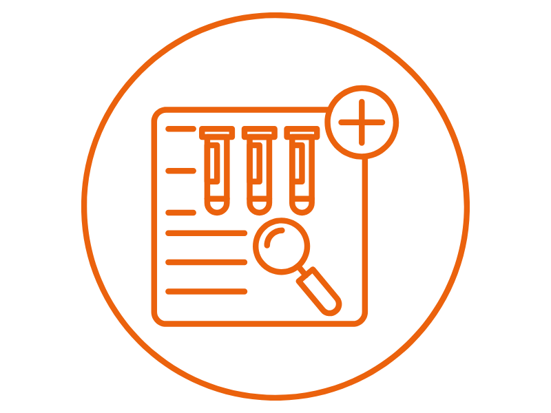 Icon of a laboratory report with two test tubes, a magnifying glass, and a plus sign inside a circle.