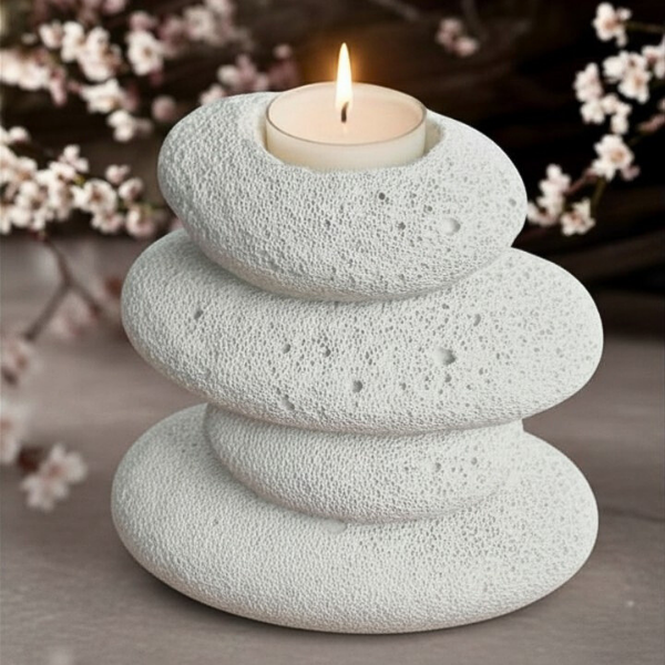 A white textured stone stack with a lit tealight candle on top, arranged in a stacked, artistic formation. Background has blurred pink and white flowers.