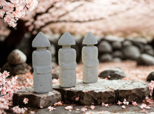 Three stone vietnamese garden sculptures on a stone surface with cherry blossom trees in the background.