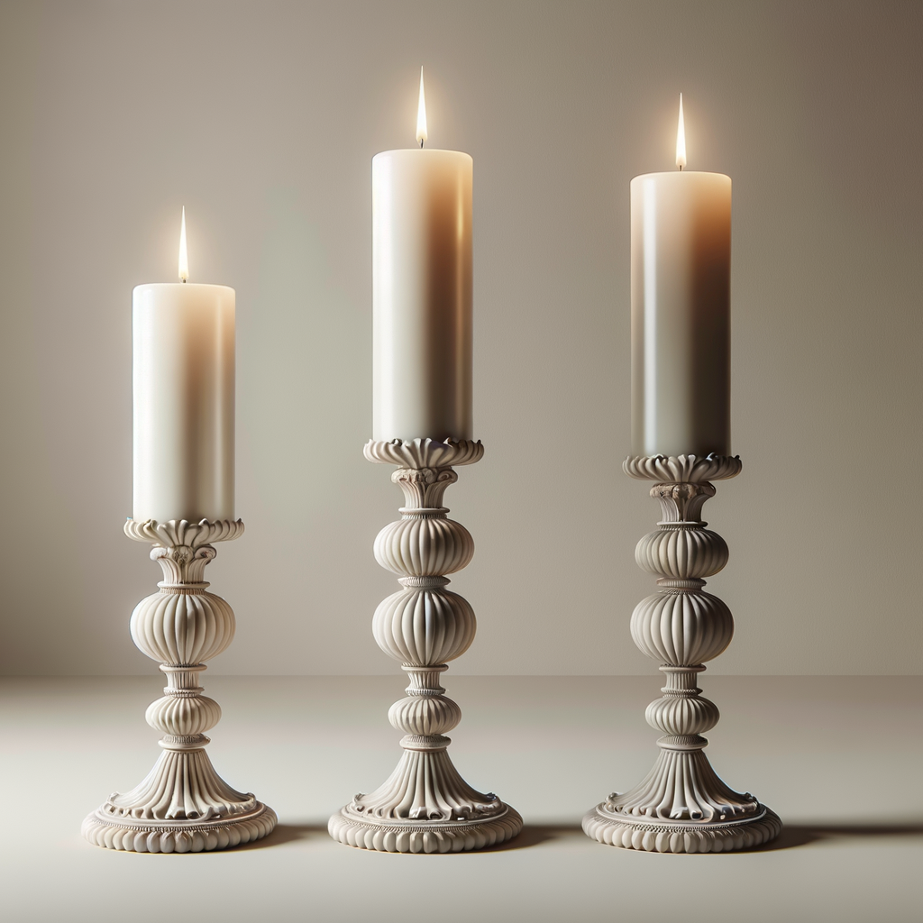 Three tall white candles on ornate candle holders, lit and burning, against a plain neutral background.