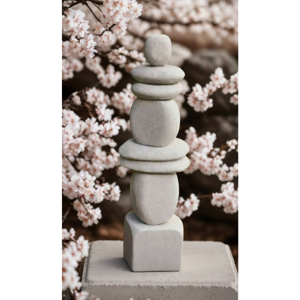 Stacked white stones arranged in a balancing sculpture against a background of pink cherry blossoms.