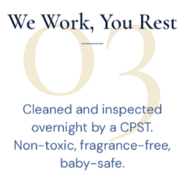 A cleaning service advertisement with the text 'We Work, You Rest' and 'O3' in large gold letters. It states they provide cleaned and inspected overnight by a COSI. Non-toxic, fragrance-free, baby-safe.
