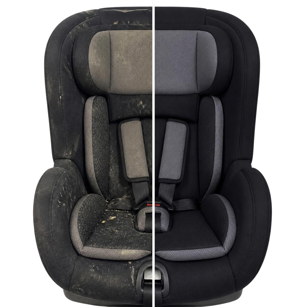Comparison of a dirty, dusty car seat on the left side and a clean, vacuumed car seat on the right side.