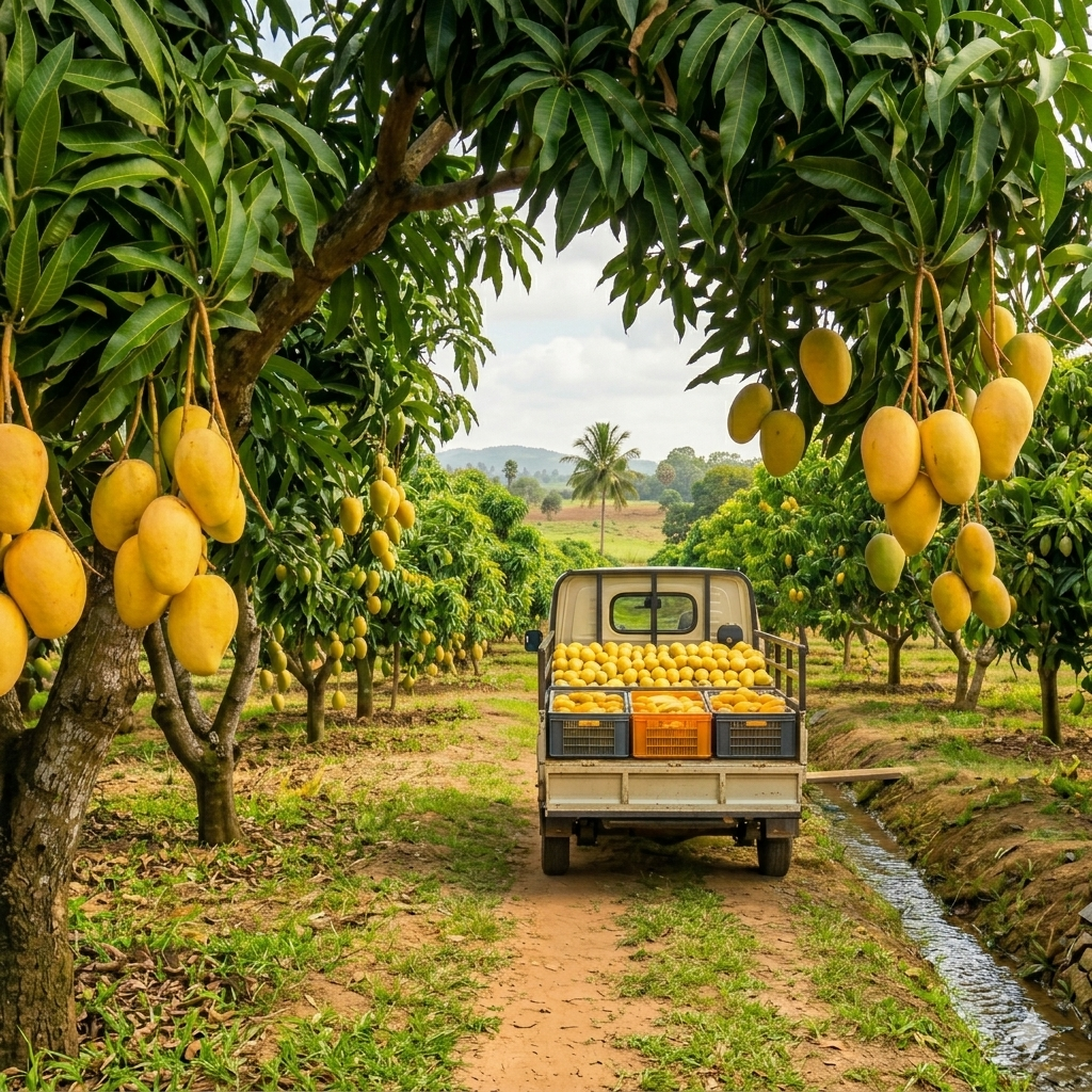 Picture of  mango plantation and a small truck filled with mangoes