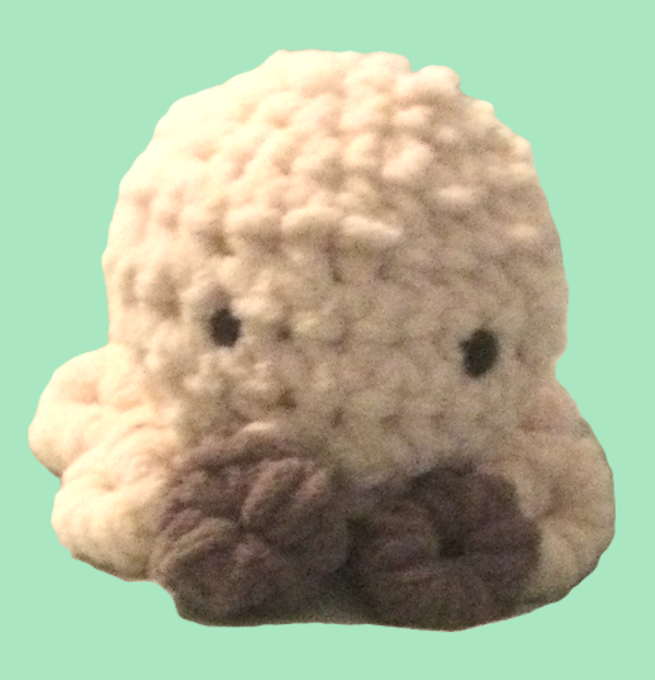 A plush toy in the shape of a cauliflower with a cute, expressively face and brown character on the front, placed against a light green background.