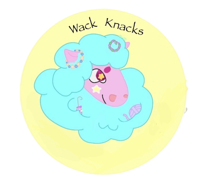 A cartoon illustration of a blue fluffy sheep with star-shaped eye patch, wearing earrings, a bracelet, and a hair accessory, smiling and winking. The sheep is surrounded by a light yellow background with the words "Wack Knacks" written above.