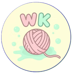 Pink and green letters spelling 'W K' above a pink ball of yarn with a knitting needle, with blue dots around, all on a light background.