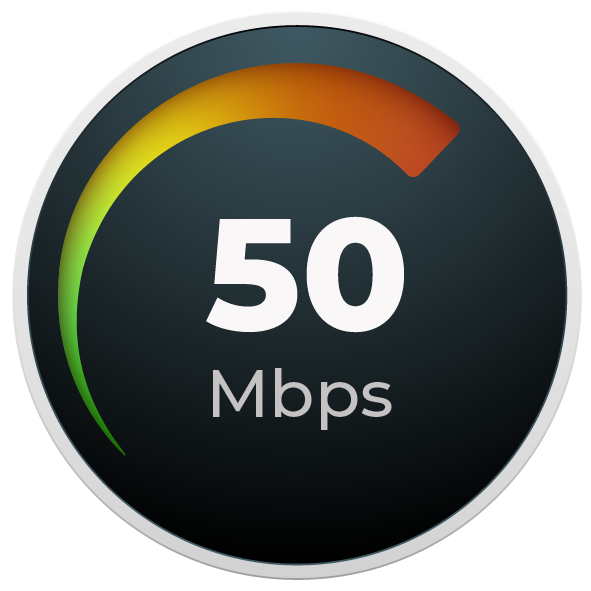Speed test display showing 50 Mbps internet speed with a gauge indicating moderate speed.