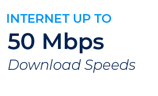 Text displaying internet speed: 'Internet up to 50 Mbps download speeds'